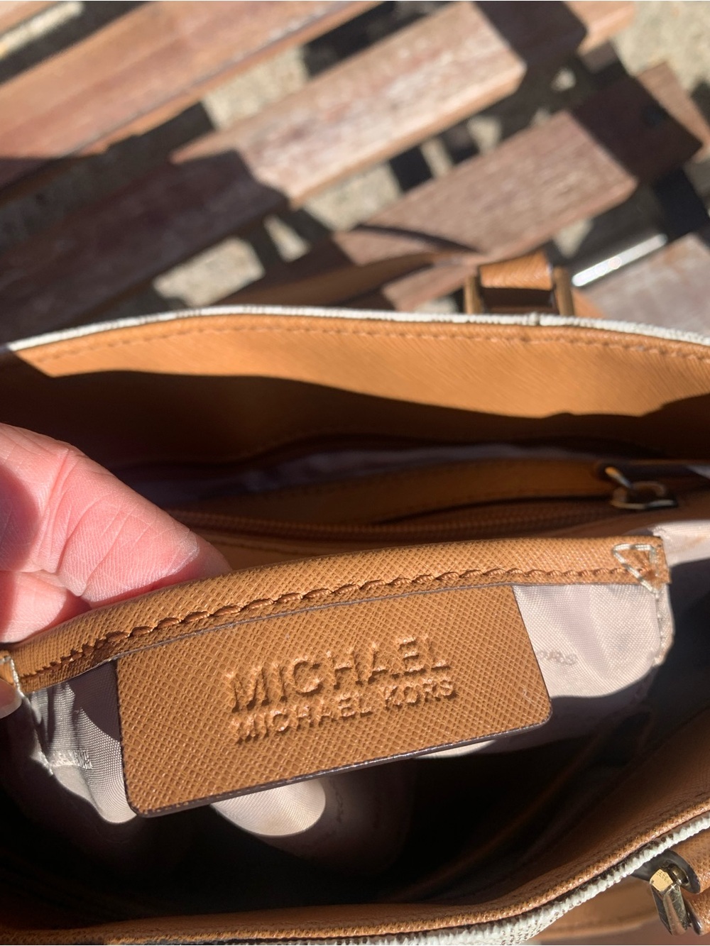 Michael Kors Beige Logo Tote with Tan Leather Trim - Picture 6 of 7